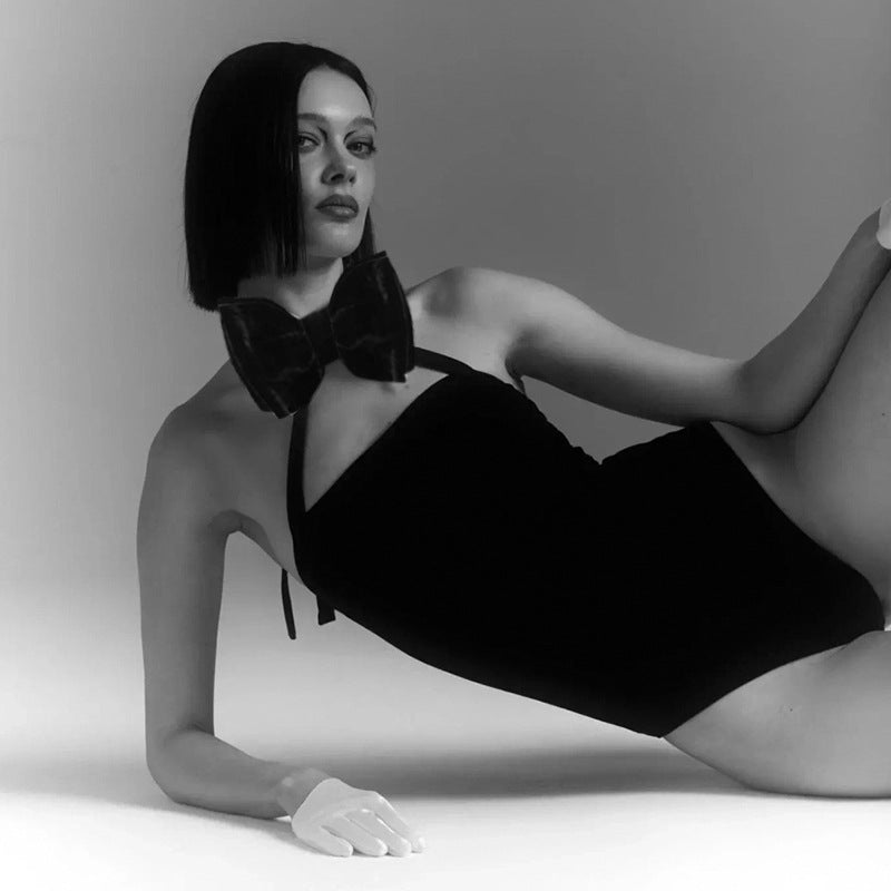 Women Clothing Bow Decoration Solid Color Sexy High Waist Sexy Halter Backless Jumpsuit for Women