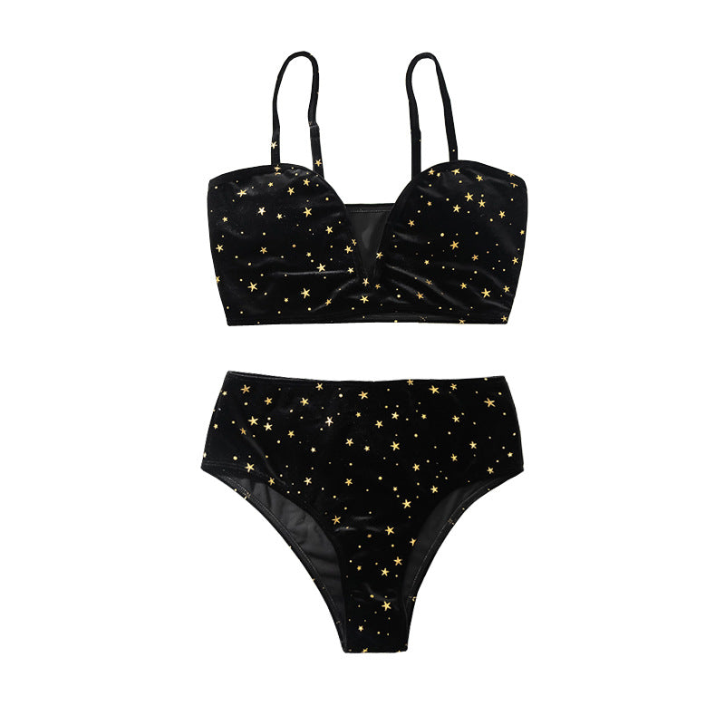 Swimsuit Women Summer Split High Waist Velvet Star Black Spring Swimsuit Bella Mia