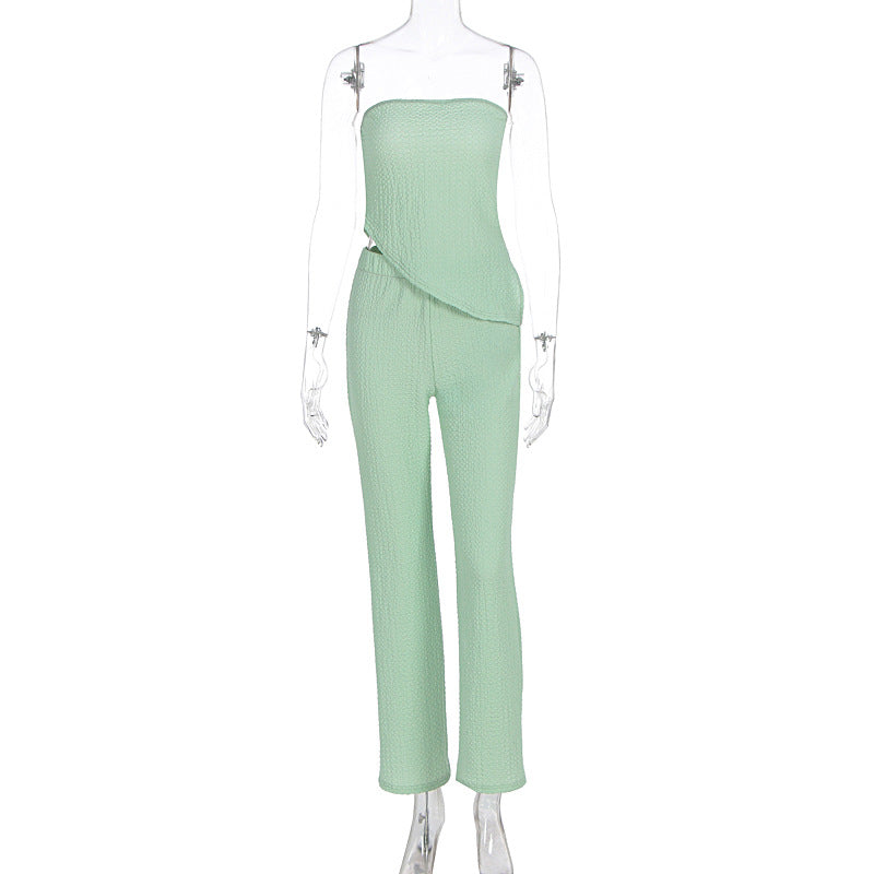 Summer Women Clothing Sexy off the Shoulder Tube Top Beveled Top Slim Trousers Two Piece Sets