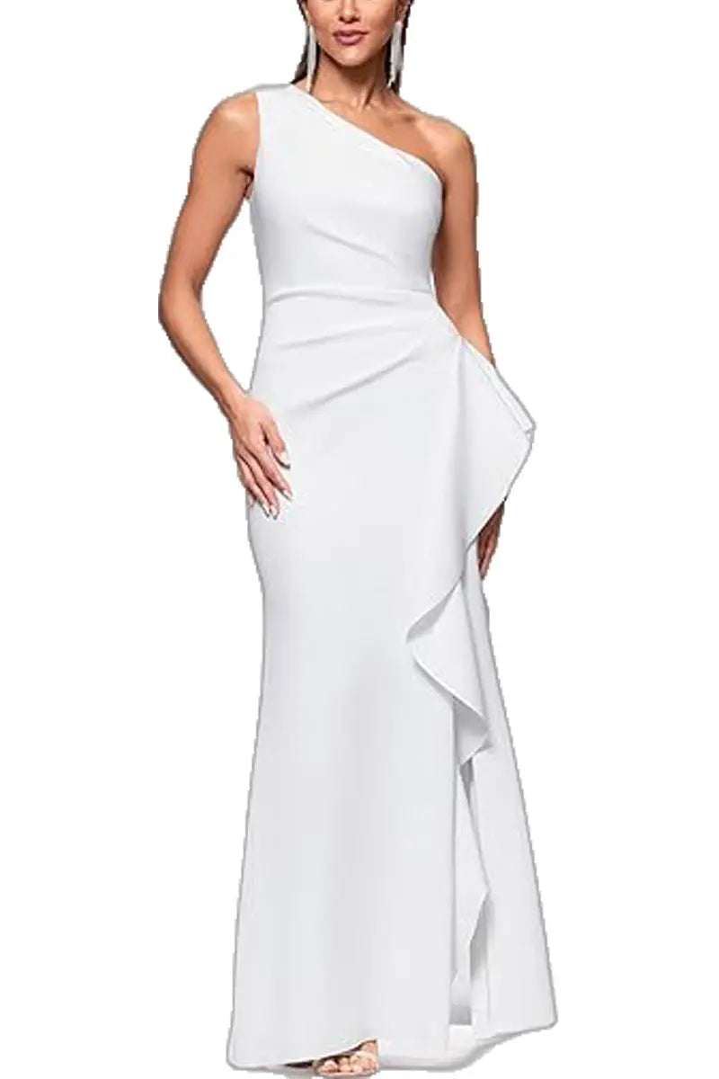 Elegant One Shoulder Ruffled Solid Color Slim Fit Split Fishtail Maxi Evening Dress Bella Mia
