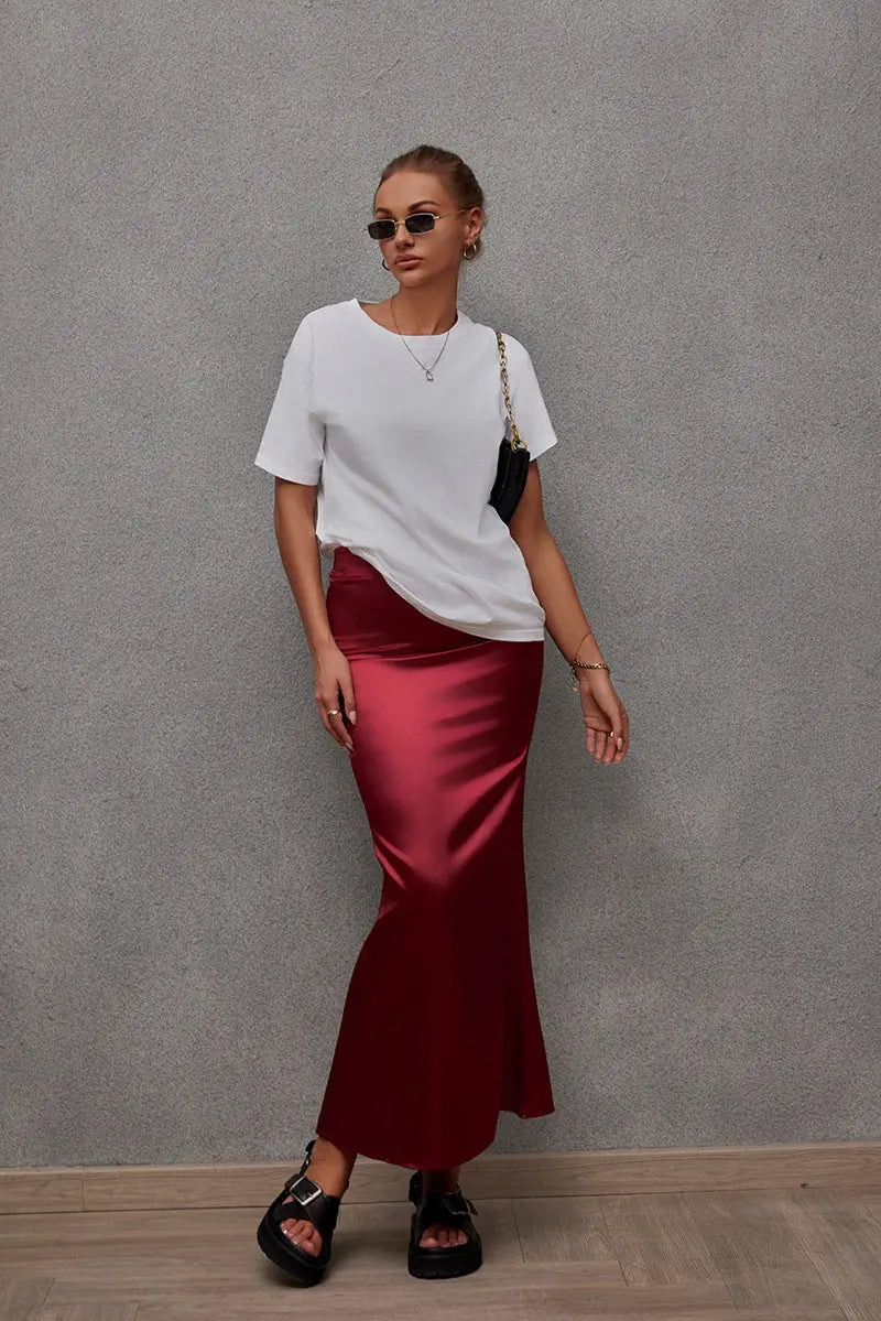 Spring Summer Artificial Silk Skirt Satin Skirt Women Casual Satin Hip Skirt Bella Mia