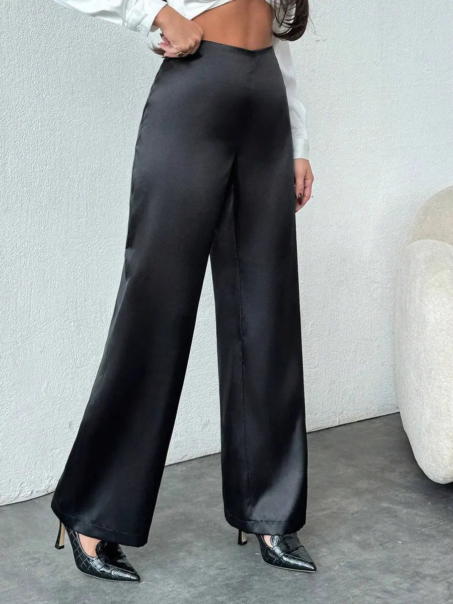 Women Clothing Autumn Satin Casual Pants Loose Black Satin Wide Leg Pants Bella Mia