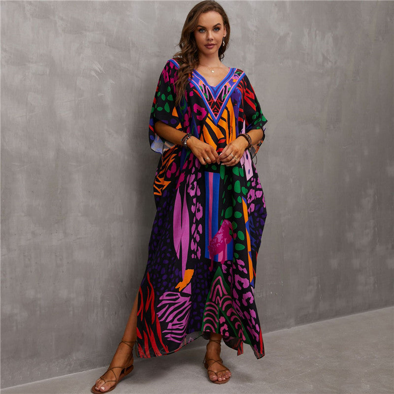 Rayon Positioning Printing Beach Cover Up V Neck Robe Vacation Skirt Bikini Cover Bella Mia