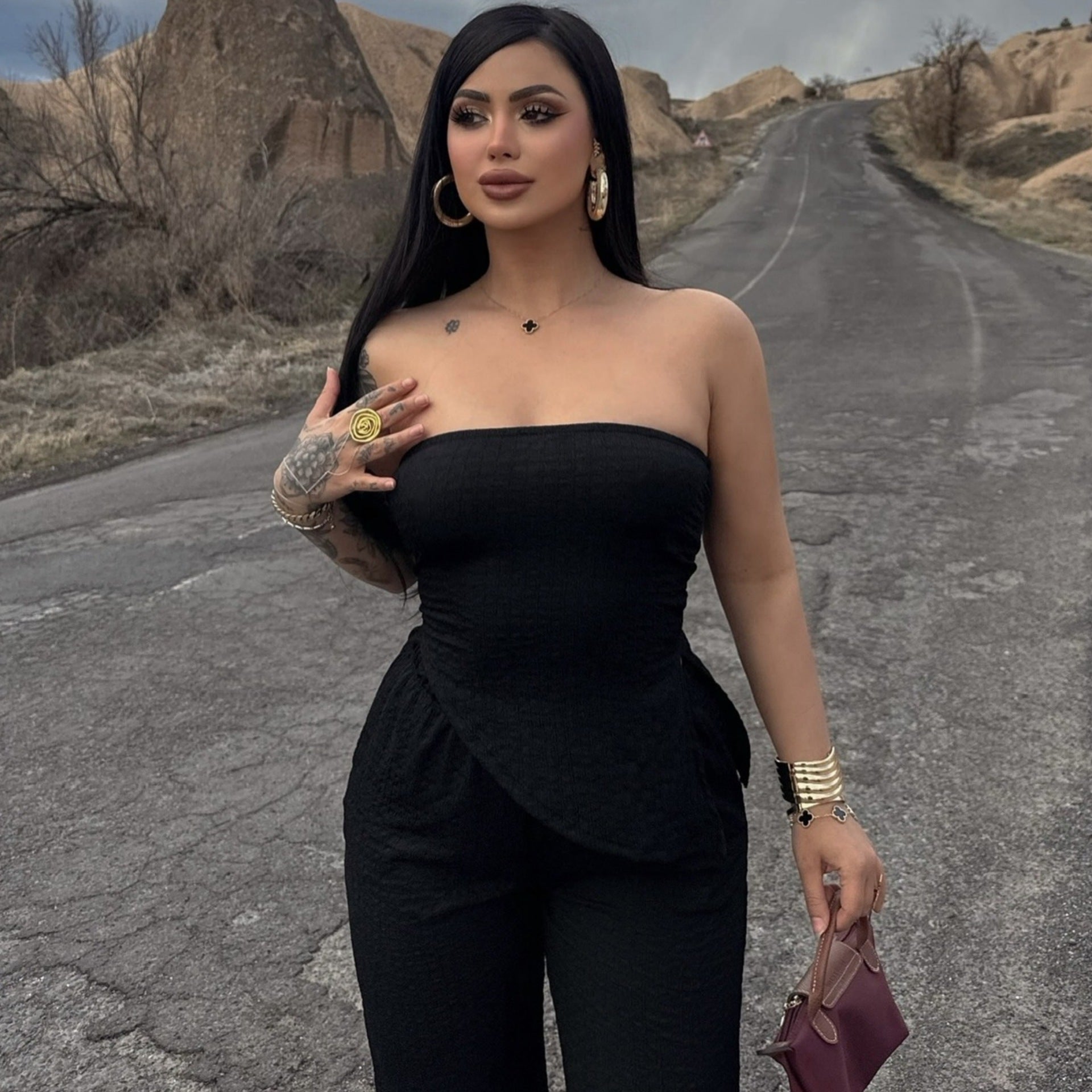 Summer Women Clothing Sexy off the Shoulder Tube Top Beveled Top Slim Trousers Two Piece Sets Bella Mia