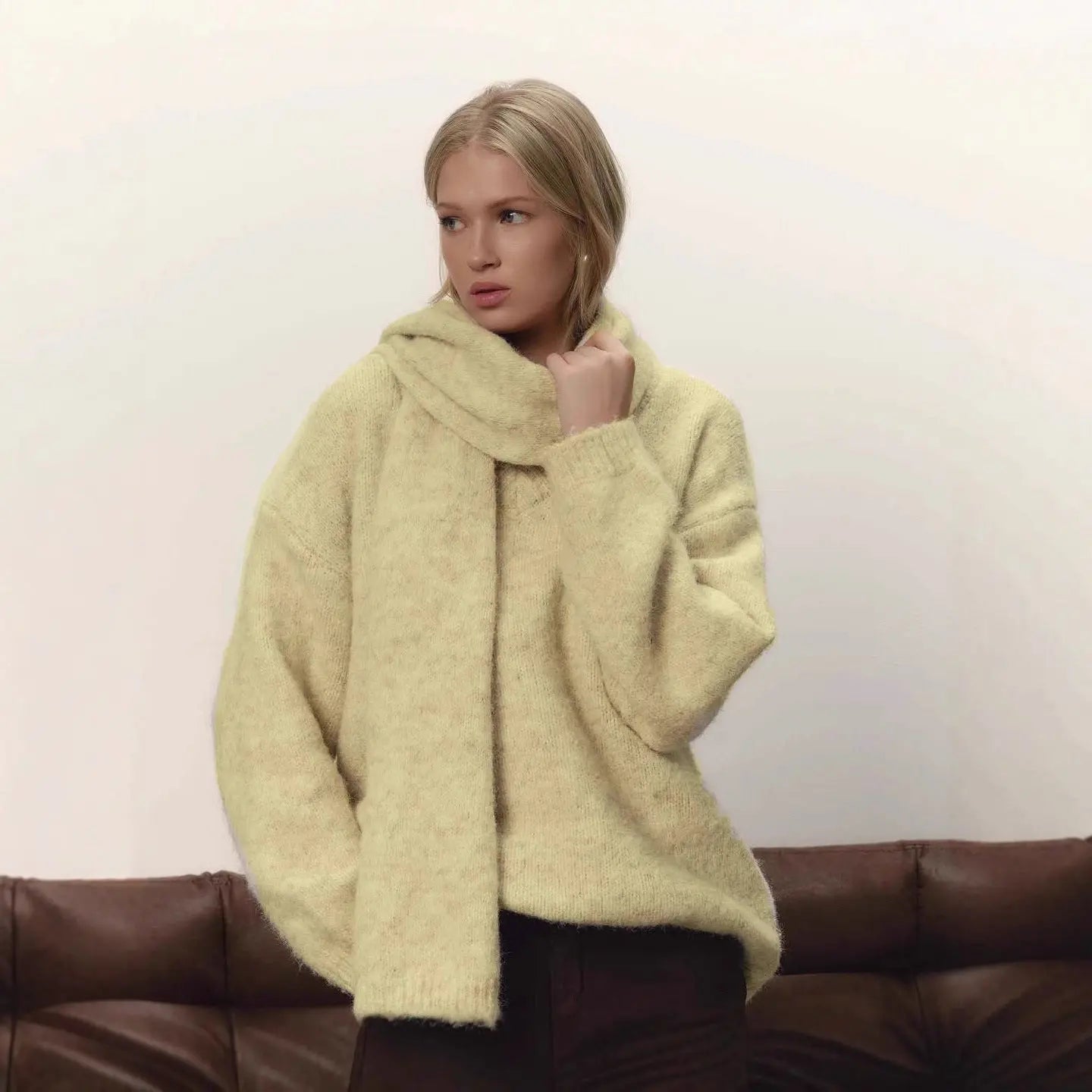 Loose Lazy Soft Wool Sweater Women Autumn Winter Pullover Loose Sweater Scarf Set Bella Mia