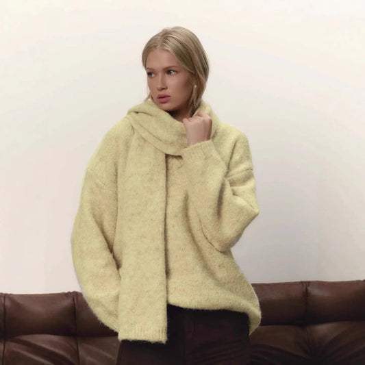 Loose Lazy Soft Wool Sweater Women Autumn Winter Pullover Loose Sweater Scarf Set Bella Mia