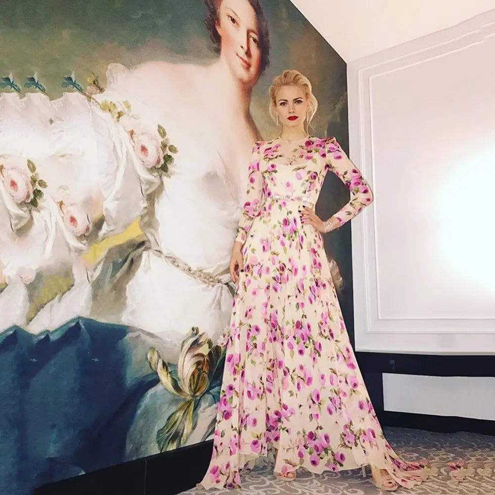 Floral Print Maxi Dress With Slit Ruched Zipper Crew Neck Long Sleeve Vacation Bella Mia