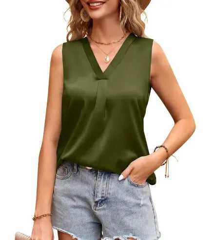 Summer Women Clothing V neck Casual Satin Sleeveless Basic Vest Shirt Bella Mia