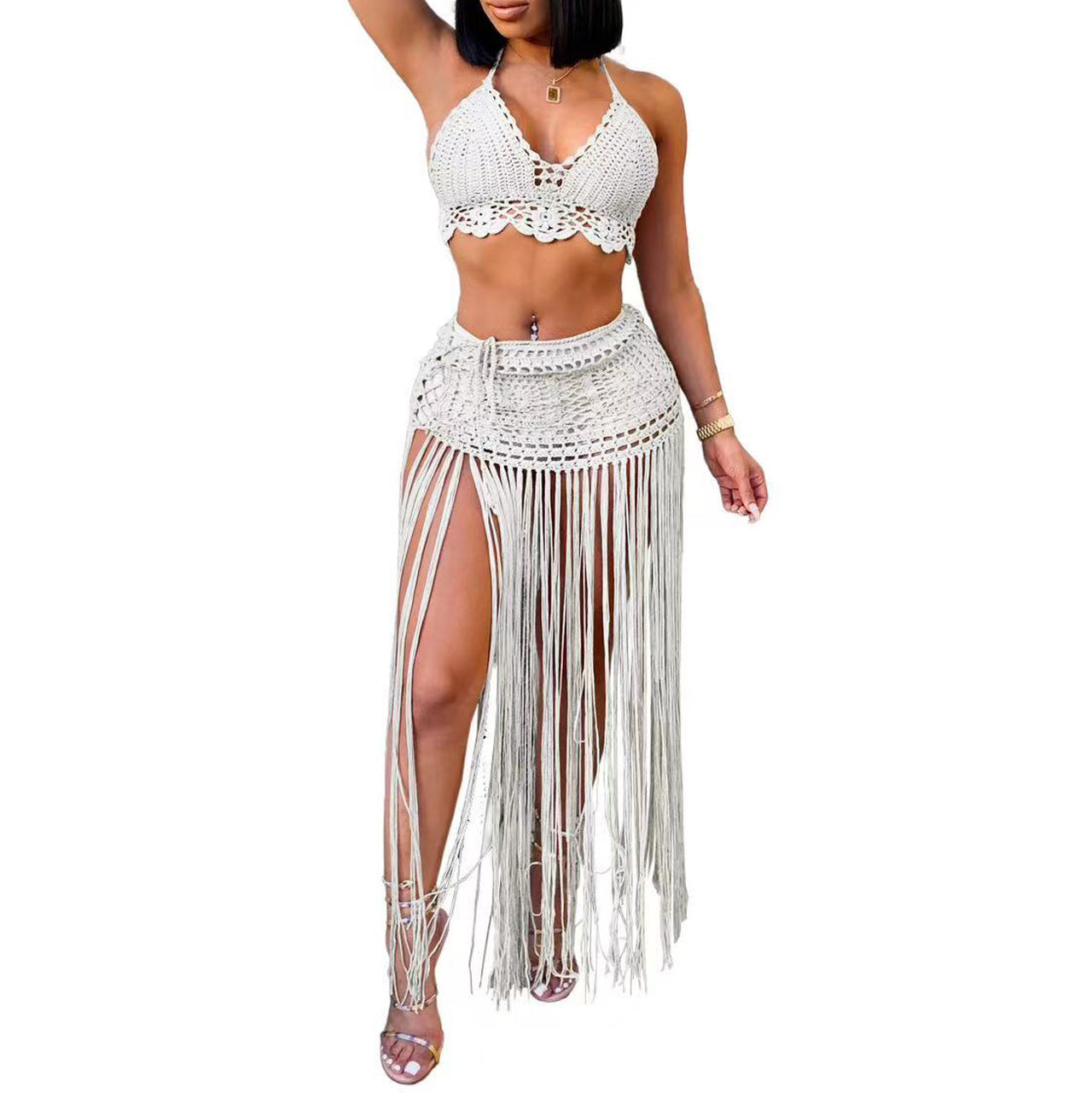 Women Suit Women Clothing Pure Hand Crocheting Beach Bikini Top Lengthened Tassel Skirt Two Piece Set Bella Mia