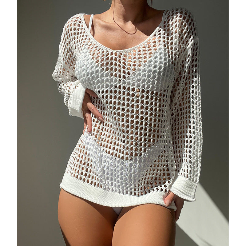Summer Vacation Sexy Cutout Big round Neck Loose Pullover Bikini Sunscreen Knitted Beach Cover up Crochet hook Bella Mia