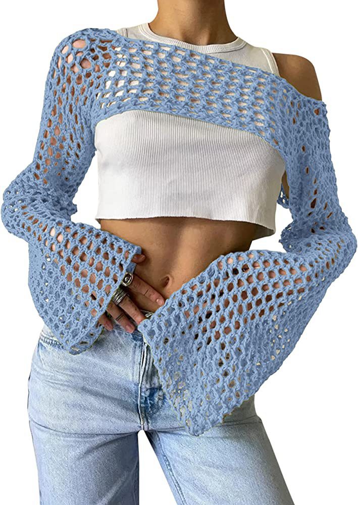 Sexy Hollow Out Cutout Sweater Solid Color round Neck Long Sleeve Knitted Blouse Crochet hook Bella Mia