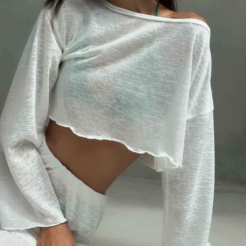 Autumn White Knitted Fabric round Neck Long Sleeved Trousers Pajamas Two Piece Loose Comfortable Ladies Homewear Bella Mia