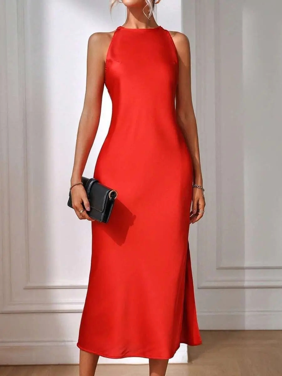 Satin Dress Women Clothing Spring Summer Sleeveless Split Satin Imitation Silk Maxi Dress Bella Mia