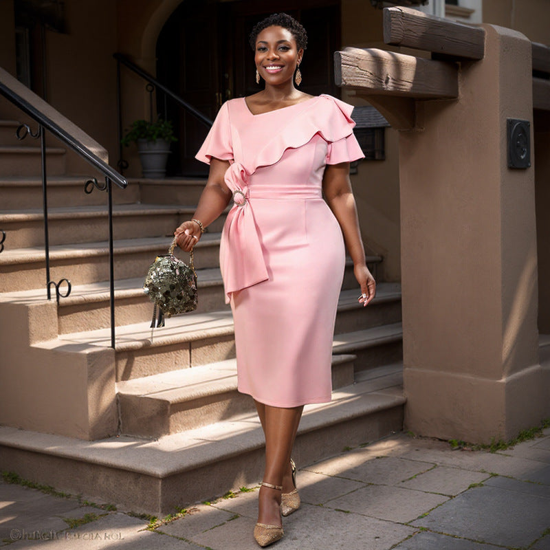 Asymmetric Collar Ruffled Dress Elegant Socialite Hip Dress Bella Mia