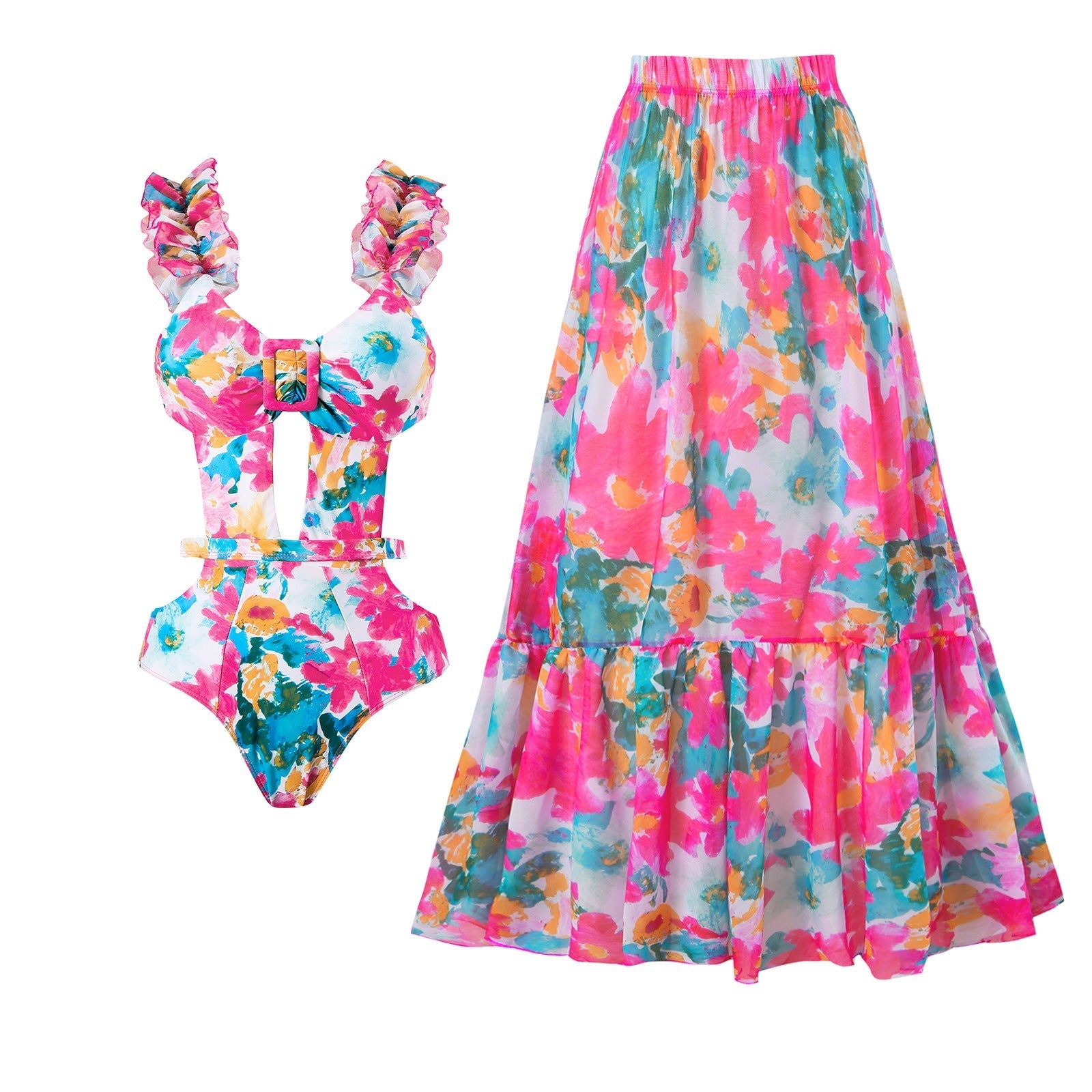 Siamese Conservative Swimsuit Printing Hollow Out Cutout Mesh Wrap Skirt Set Swimsuit Bella Mia