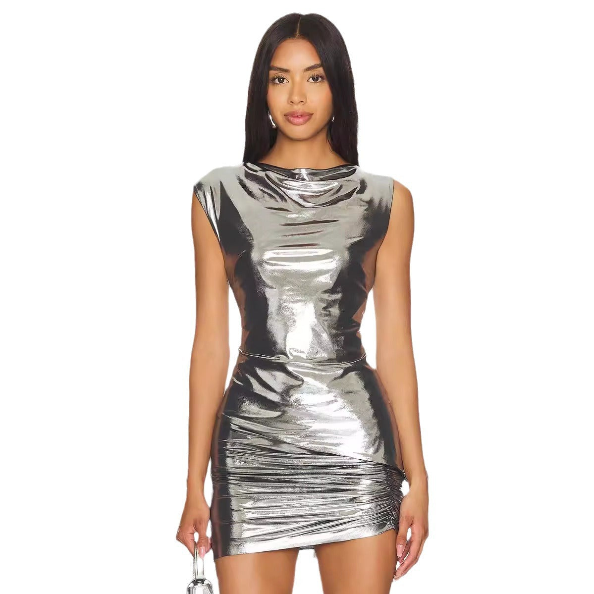 Sexy Shiny Silver Sleeveless Slim Hip Nightclub Party Two Piece Skirt Sets for Women Bella Mia