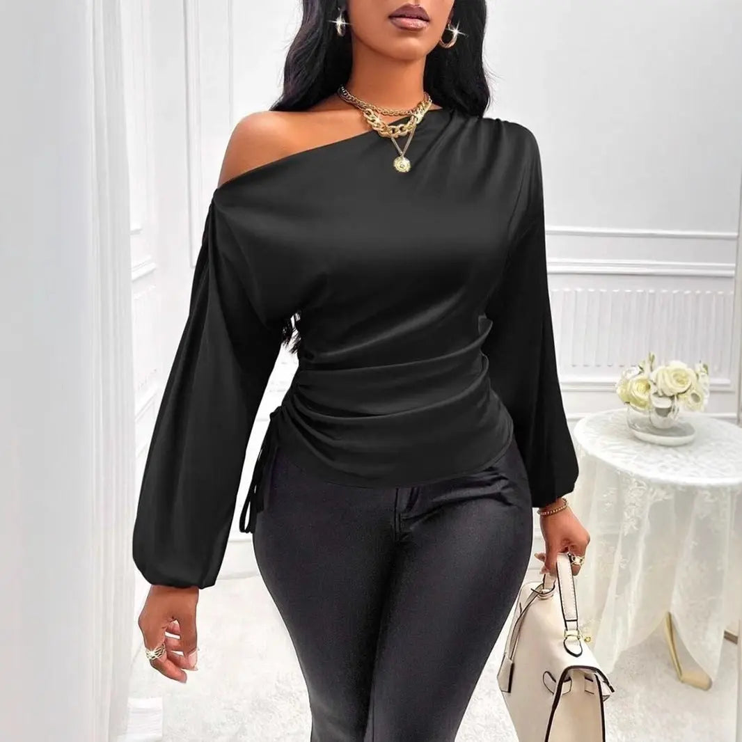 Women Clothes Satin Shirt Autumn Winter Asymmetric Long Sleeve Diagonal Collar Shirt Top Bella Mia