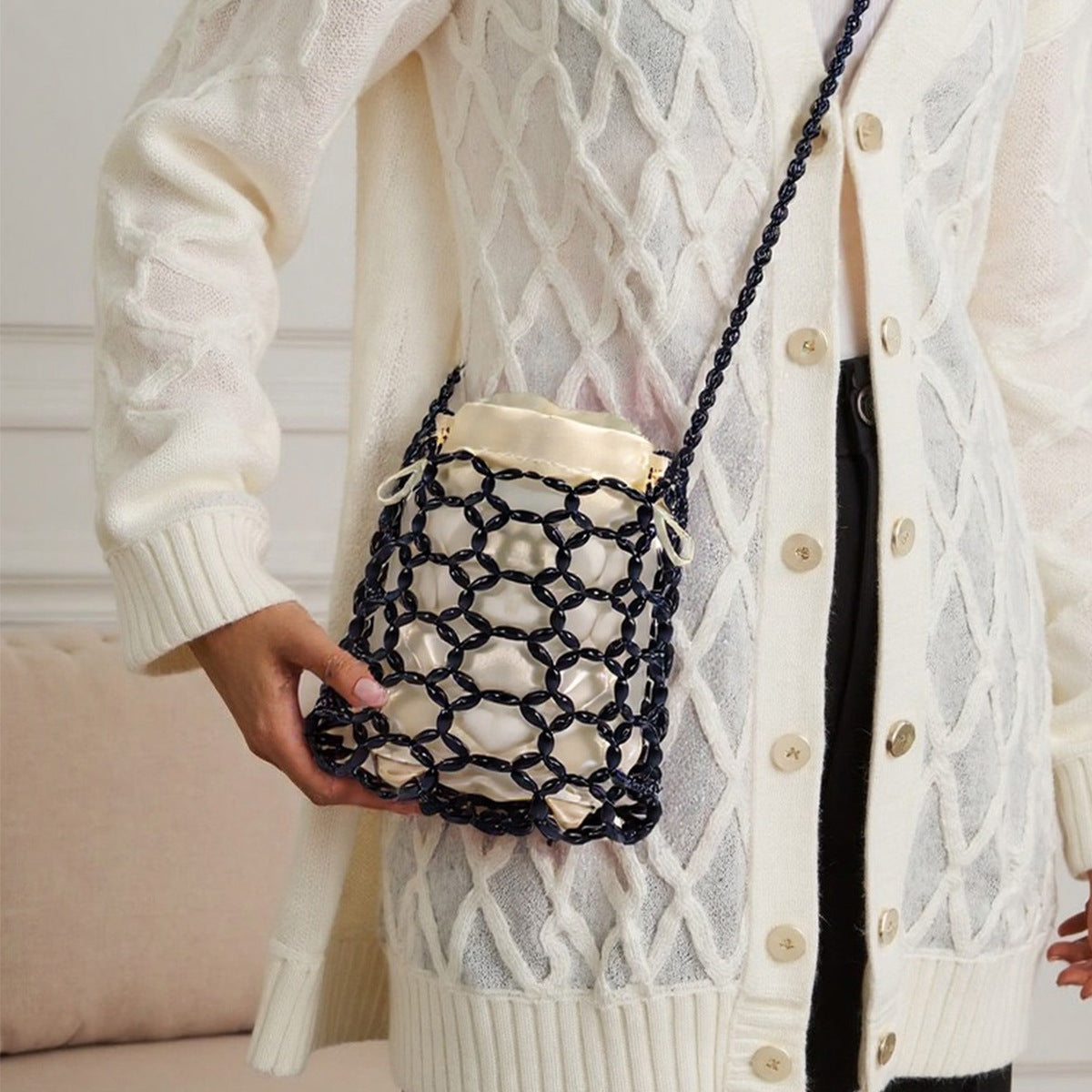 Handmade Beaded Hollow Out Cutout Bag Minority Simple Woven Finished Handbag Bella Mia