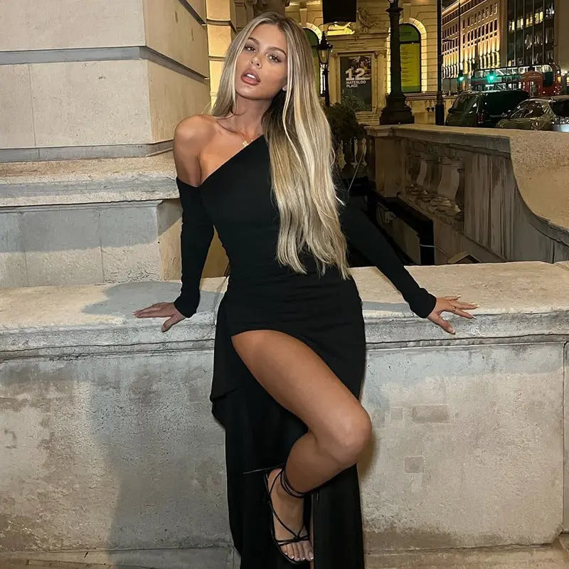 Women Autumn Sexy Diagonal Collar off the Shoulder Fitted Waist Pleated Irregular Asymmetric Slit Dress Bella Mia