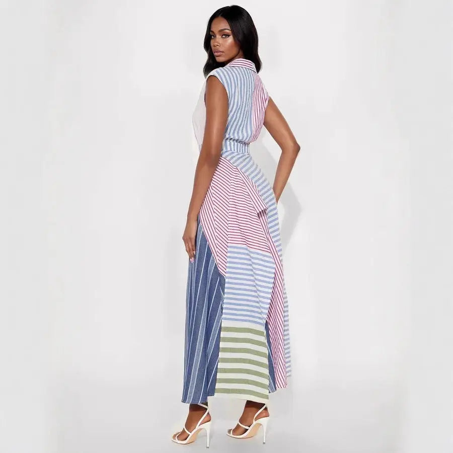 Women V Neck Maxi Dress Patchwork Stripes A Line Cinched Waist Sleeveless Bella Mia