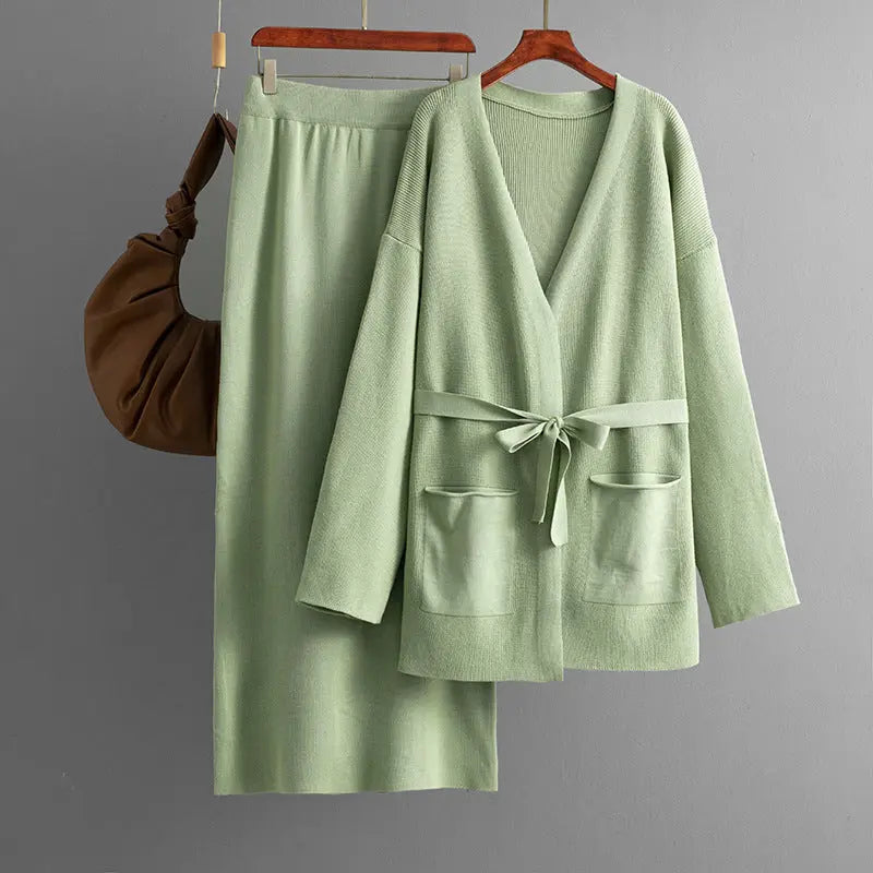 Women Autumn Winter V neck Loose Knitted Lace up Cardigan Skirt Two Piece Set Bella Mia