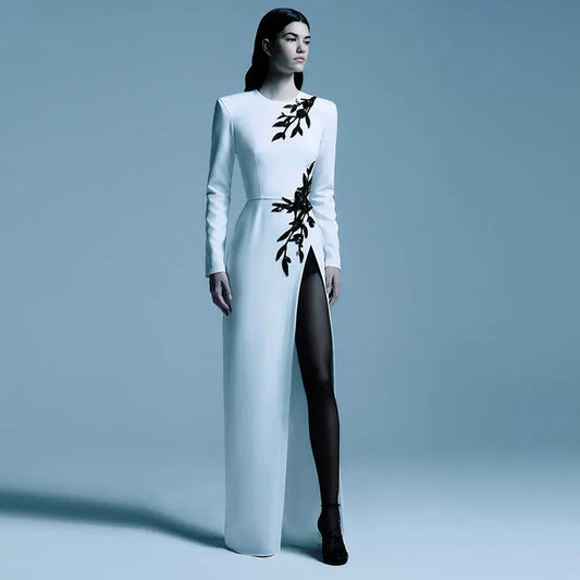 Embroidered Beaded Floral Long Sleeve Split Maxi Dress Formal Bella Mia