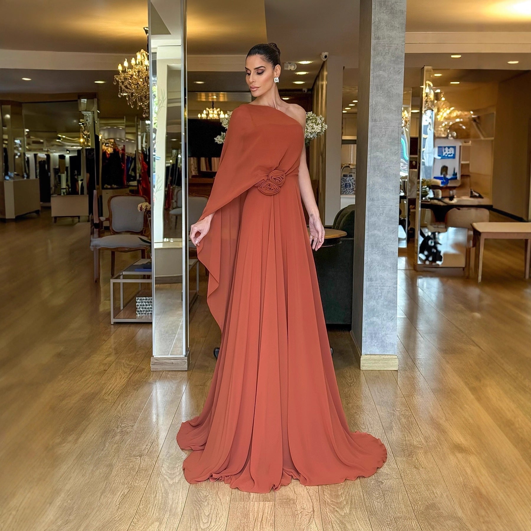 Spring Autumn Oblique Shoulder Chiffon Party Dress Loose Big Hem Women Dress