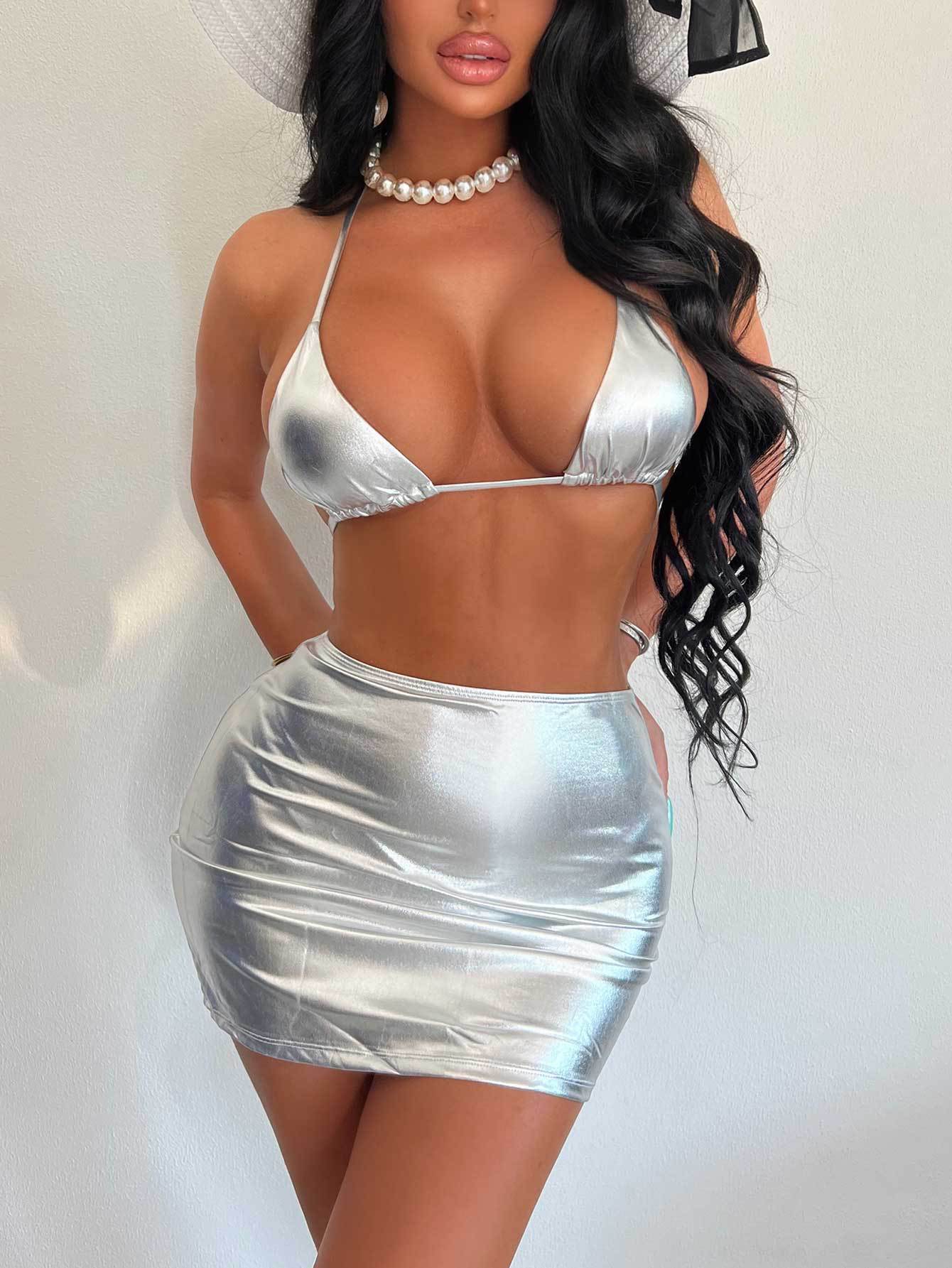 Swimsuit Three Piece Bikini Silver Lace Up Bronzing Swimsuit Three Piece Swimsuit Bella Mia