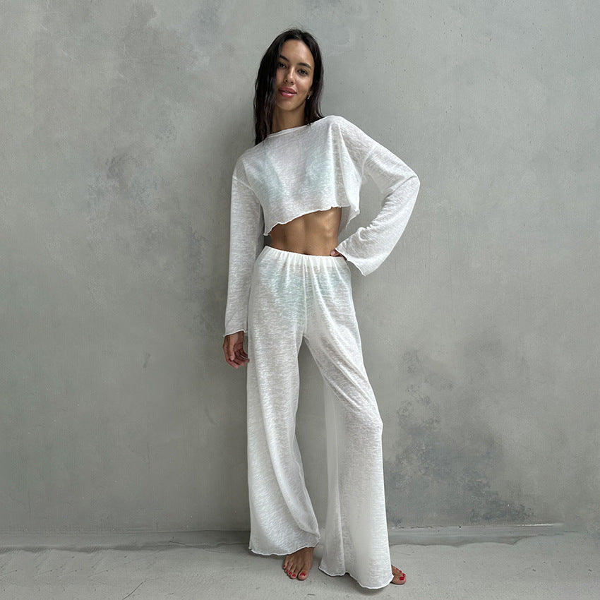 Autumn White Knitted Fabric round Neck Long Sleeved Trousers Pajamas Two Piece Loose Comfortable Ladies Homewear Bella Mia