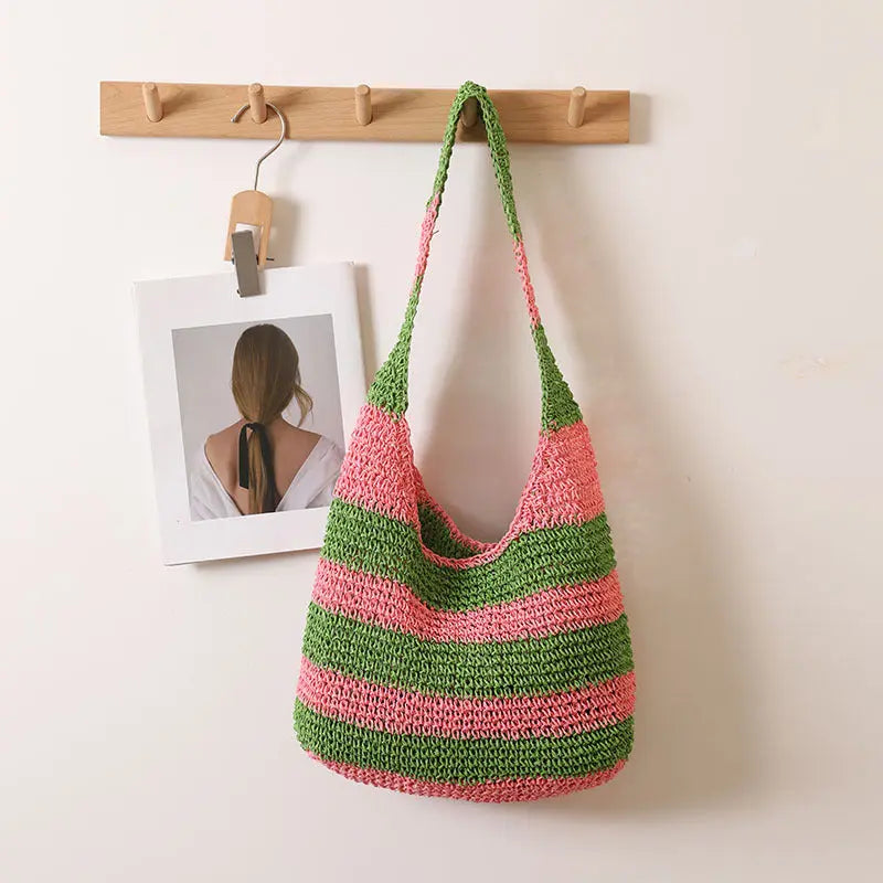 Large Capacity Striped Shoulder Straw Bag Hand Crocheted Woven Beach Bag Bella Mia
