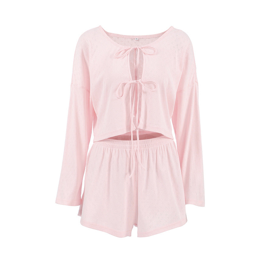 Loose Lace up Knitted Jacquard Home Wear Autumn Long Sleeve Shorts Comfort Casual Pajamas for Women Bella Mia