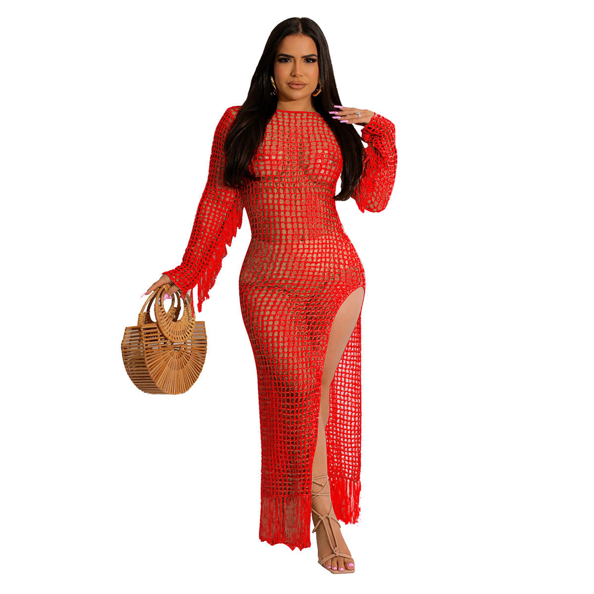 Women Clothing Sexy Solid Color Handmade Knitted Tassel Beach Dress Bella Mia