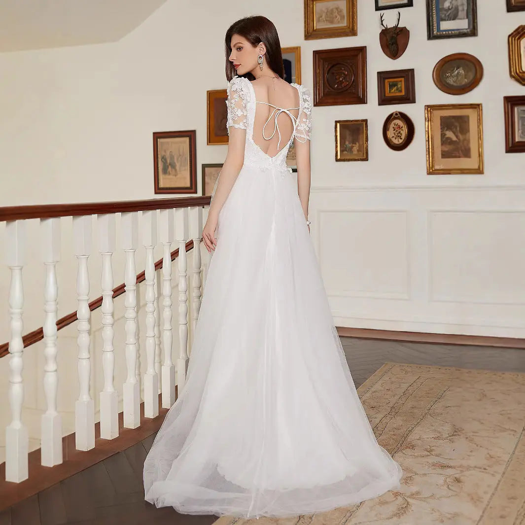 French Pastoral White Large Swing V neck Short Sleeve Elegant Backless Cocktail Wedding Dress Bella Mia