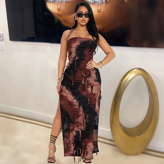 Women Clothing Autumn Tie-Dyed Tassel Split Beggar Dress Sexy Dress Bella Mia