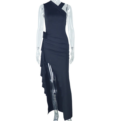 Solid Color Women Clothing Elegant Slim Fold Split off the Shoulder Asymmetric Sleeveless Turtleneck Dress
