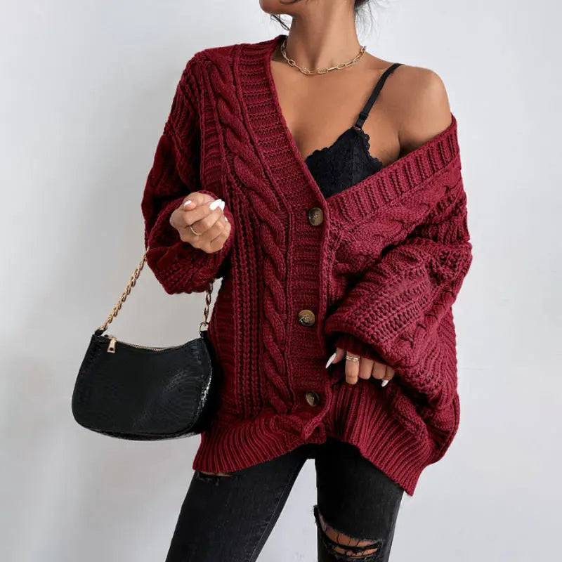 V neck Sweater Women Retro Loose Twist Lantern Sleeve Cardigan Knitted Coat Bella Mia