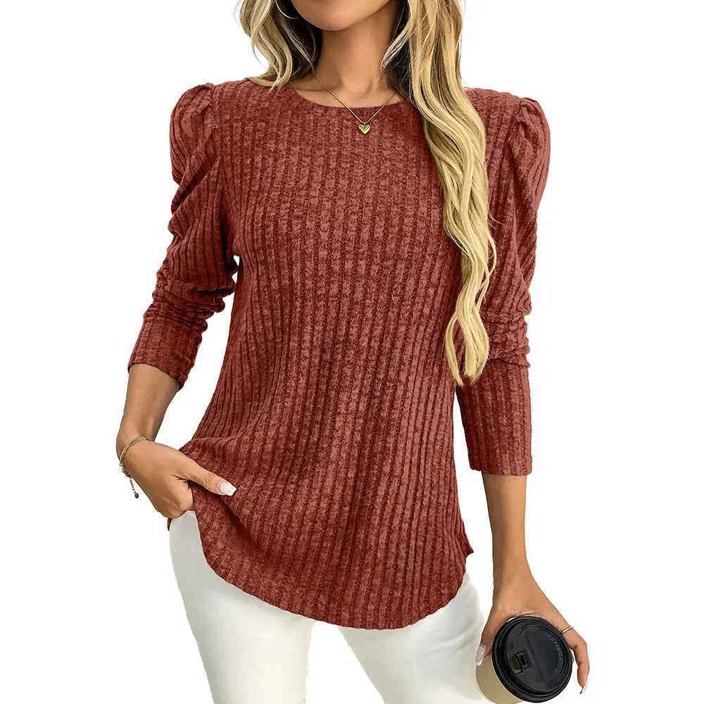 Arrival Women round Neck Puff Sleeve Brushed Sunken Stripe Solid Color Upper Clothes Long Sleeves T shirt Bella Mia
