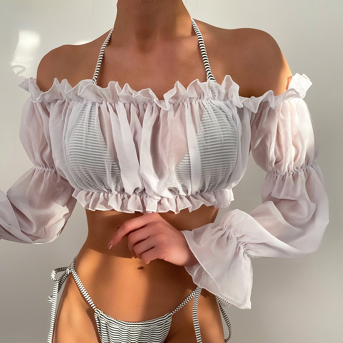 White Chiffon Long-Sleeved Shirt Wrinkle Blouse Beach Swimsuit Women Bella Mia