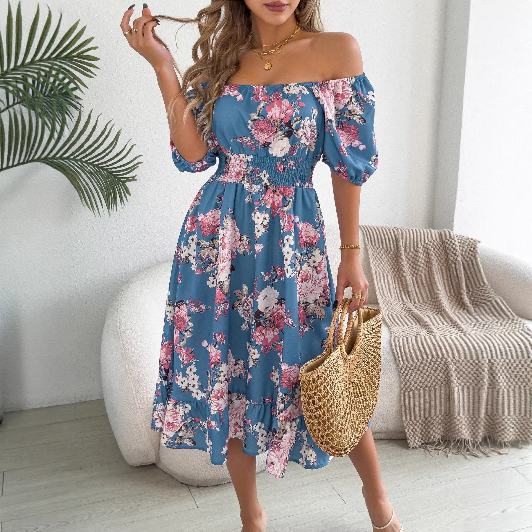 Spring Summer Floral Off Shoulder Short-Sleeved Ruffle A Line Holiday