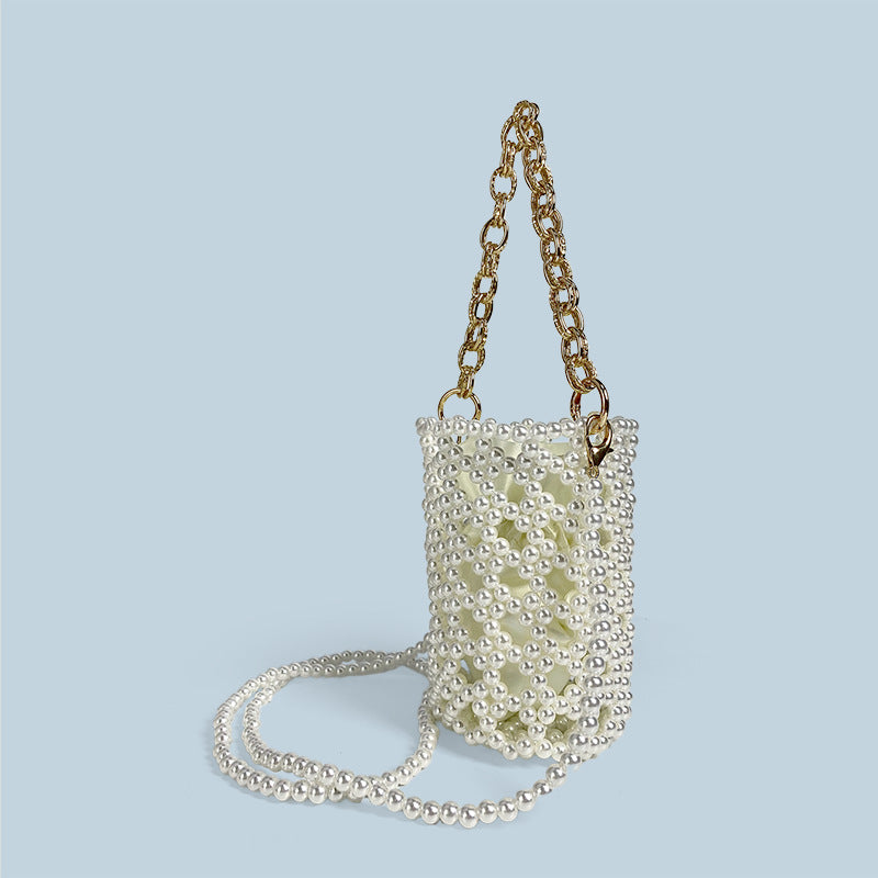 Chinese Beaded Hand Woven Pearl Cocktail Vegetable Basket Hollow Out Cutout Bucket Chain Underarm Messenger Bag Bella Mia