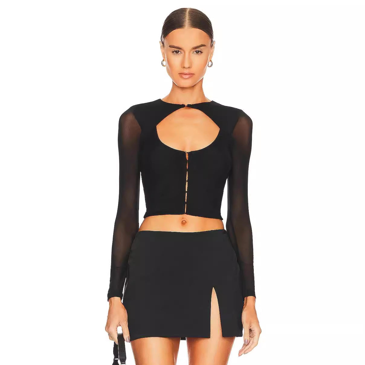 Black Long Sleeve Mesh Design Blouse Women Autumn Slim Fit Cardigan Buckle T shirt
