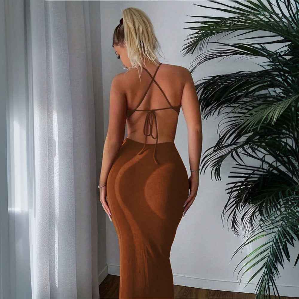 Spring Summer Women Clothing Sexy Backless Lace up Halter Sheath Slim Dress Bella Mia