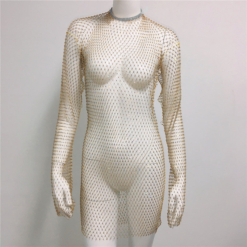 Women Grid Rhinestone Fishnet Dress Sexy Bikini Cover Up Fishnet Beach Dress Bella Mia