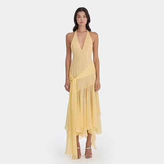 Summer Halter Chiffon See through Dress Sexy Deep V Plunge Ribbon Dress Bella Mia