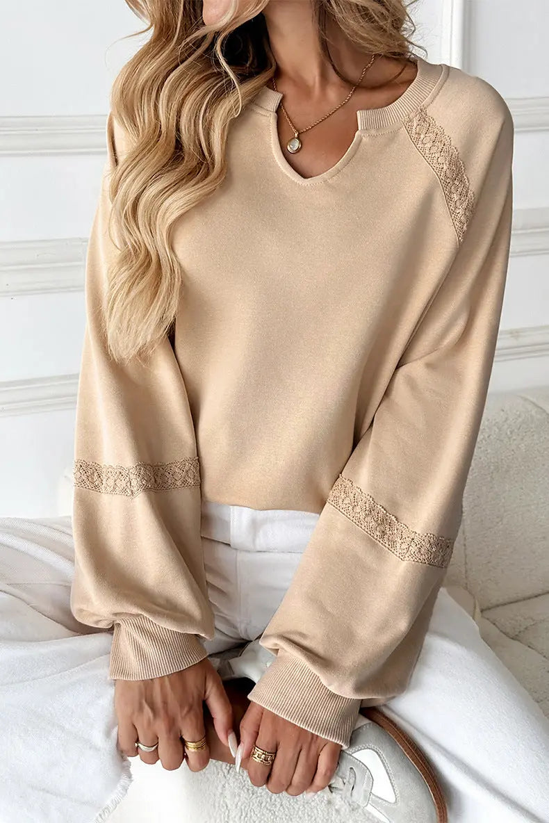 Solid Color Lace Trim Half Open Collar Loose Fit Long Sleeves Sweater Bella Mia