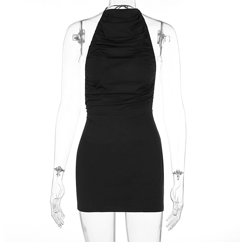 Spring Sexy Lace up Halterneck Backless Solid Color Sexy Hip Dress Women Bella Mia