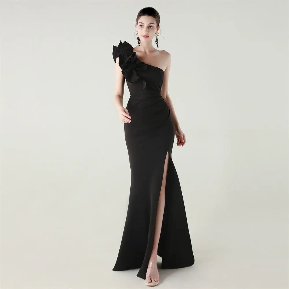 One Shoulder Craft Wave Floral Satin High Slit Sexy Evening Dress Dinner Party Wedding Social Bella Mia
