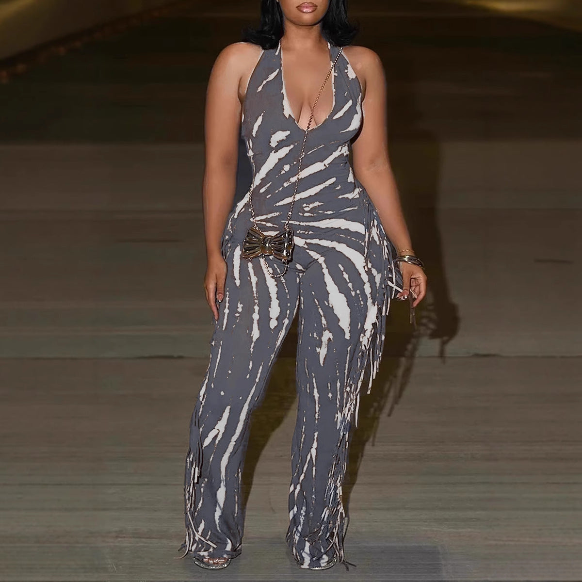 Elegant Sexy Slim Fit Stretch Backless Tassel Printed Halter Strap Micro Pull Jumpsuit Bella Mia