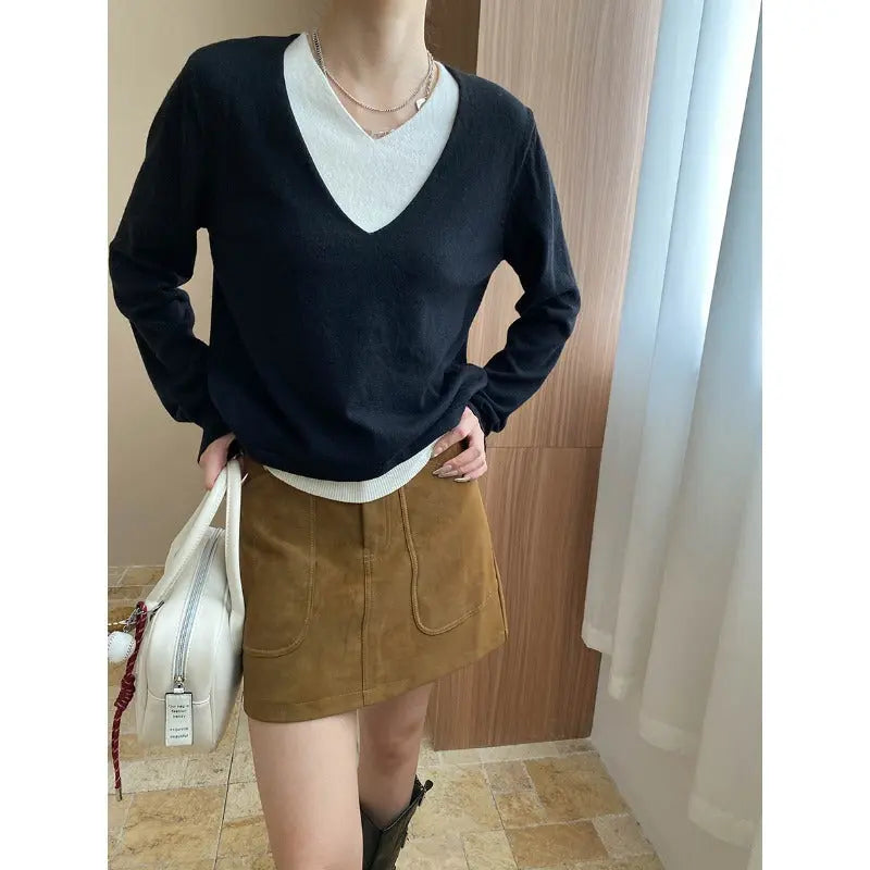 Early Autumn Contrast Colors False Two Piece V neck Loose Slimming Lazy Sweater Bella Mia