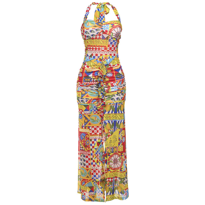 Spring Summer Sexy Printed Mesh Slim V neck Backless Slit Halter Dress Bella Mia